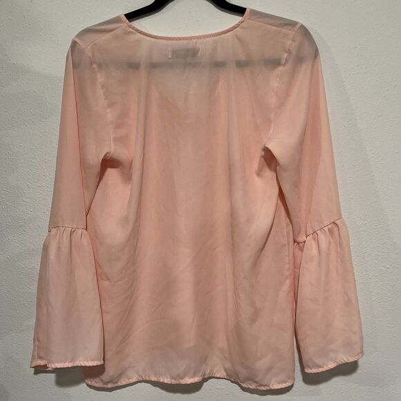 Abercrombie & Fitch Pink Lace Up Neck Long Bell Sleeve Top Womens Medium Sheer - Picture 8 of 12